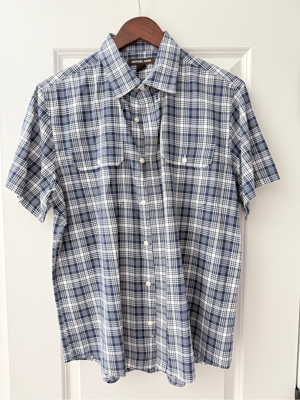 Michael Kors Men's Navy and White Plaid Short-Sleeve Button-Down Shirt
